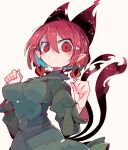  1girl animal_ears arms_up bow braid cat_ears cat_girl cat_tail dress extra_ears eyebrows_visible_through_hair frilled_dress frilled_sleeves frills green_dress hands_up highres juliet_sleeves kaenbyou_rin long_hair long_sleeves looking_at_viewer mary_janes massakasama multiple_tails nekomata pointy_breasts puffy_sleeves red_eyes redhead shoes short_hair simple_background solo tail touhou twin_braids two_tails white_background 