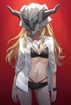  1girl black_bra black_panties blonde_hair bra breasts collared_shirt dress_shirt fate/apocrypha fate_(series) helmet highres jewelry long_hair long_sleeves mordred_(fate) mordred_(fate/apocrypha) navel necklace open_clothes open_shirt panties pendant red_background shirt small_breasts tonee underwear white_shirt 