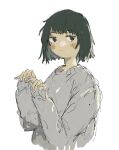  1girl blush closed_mouth fingernails green_eyes green_hair grey_background grey_sweater highres izumi_1001 original short_hair simple_background sketch sleeves_past_wrists solo sweater white_nails 