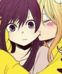 2girls aihara_mei aihara_yuzu biting blonde_hair blush citrus_(saburouta) closed_eyes closed_mouth dress incest long_hair multiple_girls purple_hair violet_eyes yellow_dress yuri