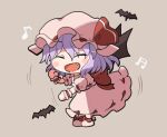  1girl bat bat_wings beamed_eighth_notes blush blush_stickers chibi closed_eyes dancing dress eighth_note fang gradient gradient_background happy hat mob_cap musical_note open_mouth pink_dress puffy_short_sleeves puffy_sleeves remilia_scarlet rokugou_daisuke short_hair short_sleeves smile solo touhou wings 
