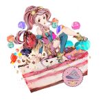  1girl artist_name asymmetrical_legwear brown_eyes brown_hair cake cake_slice drawing dreaming_witch food fruit goggles goggles_on_head hat kneehighs long_hair looking_at_viewer minigirl open_mouth original ponytail shoes single_kneehigh smile solo strawberry witch_hat 