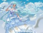  1girl bird blue_hair blue_sky bouquet clouds douluo_dalu dress flower hair_ornament highres light long_hair mo_ai_lingbao shade sky tang_wutong_(douluo_dalu) white_dress 