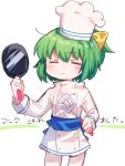 1girl bangs bow chef_hat chef_uniform closed_eyes closed_mouth cookie_(touhou) diyusi_(cookie) frying_pan green_hair hat holding holding_frying_pan long_sleeves looking_at_viewer pants shirt short_hair simple_background translation_request white_background white_headwear white_pants white_shirt xox_xxxxxx yellow_bow 
