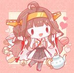  1girl ahoge bangs black_legwear brown_hair chibi commentary_request cookie cup cupcake double_bun food headgear heart highres japanese_clothes kantai_collection kongou_(kancolle) long_hair macaron nada_namie nontraditional_miko open_mouth outstretched_arms ribbon-trimmed_sleeves ribbon_trim signature skirt solo teacup teapot thigh-highs wide_sleeves 