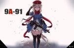  1girl 9a-91 9a-91_(girls&#039;_frontline) ammunition_pouch assault_rifle beret black_legwear blue_dress blue_eyes breasts dress girls_frontline gloves gun hair_ornament hat highres long_hair low_twintails medium_breasts pez_(pezqaq1) pouch red_headwear red_scarf rifle salute scarf silver_hair solo standing star_(symbol) star_hair_ornament thigh-highs twintails weapon 