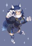  1girl absurdres animal_ears blue_coat blue_hair blue_legwear blue_necktie blue_skirt blush coat commentary_request dire_wolf_(kemono_friends) eyebrows_visible_through_hair fang fur_collar garter_straps gloves gold_trim hair_between_eyes highres kemono_friends kemono_friends_3 long_hair long_sleeves looking_at_viewer multicolored_hair neck_ribbon necktie open_mouth plaid plaid_skirt plaid_trim pleated_skirt reaching_out ribbon sawara_noa skirt smile solo tail thigh-highs twintails white_fur white_gloves white_hair wolf_ears wolf_girl wolf_tail yellow_eyes zettai_ryouiki 