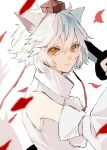  1girl animal_ears bangs bare_shoulders closed_mouth highres holding holding_sword holding_weapon inubashiri_momiji looking_at_viewer nanasuou one-hour_drawing_challenge petals red_eyes shirt short_hair simple_background sketch sleeveless sleeveless_shirt solo sword tail touhou weapon white_background white_hair white_shirt white_sleeves wolf_ears wolf_girl wolf_tail 