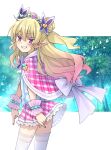 1girl aida_elulu bangs blonde_hair cloak colored_eyelashes commentary_request double_bun elf eyebrows_visible_through_hair from_side grin hair_between_eyes hair_bun heart highres houkago_sai_tensei! looking_at_viewer looking_to_the_side pink_cloak pink_skirt plaid plaid_cloak plaid_skirt pleated_skirt pointy_ears shirt skirt smile solo somechime_(sometime1209) standing thigh-highs tiara tree two_side_up violet_eyes white_shirt white_thighhighs wrist_cuffs