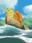  2others boat clouds cloudy_sky commentary_request day frog grass hachiya_shohei highres multiple_others no_humans original otter paddling personification scenery sky stretched_limb water watercraft 