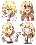  1girl bangs blonde_hair blue_eyes blush ddolbang eyebrows_visible_through_hair hair_ornament highres hololive hololive_english looking_at_viewer monocle_hair_ornament necktie open_mouth shirt short_hair smile virtual_youtuber watson_amelia white_shirt 