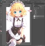  1girl adobe_photoshop animal_ears apron aqua_eyes blonde_hair blush fleur_de_lapin_uniform floppy_ears gochuumon_wa_usagi_desu_ka? highres kirima_syaro looking_at_viewer mozukun43 open_mouth puffy_short_sleeves puffy_sleeves rabbit_ears short_hair short_sleeves solo thigh-highs through_screen waist_apron white_apron white_legwear wrist_cuffs 