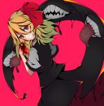  1girl black_skirt black_vest blonde_hair blood blood_on_hands collared_shirt commentary evil_grin evil_smile from_behind grin hair_ribbon highres kuroleo looking_at_viewer looking_back red_background red_eyes red_ribbon ribbon rumia sharp_teeth shirt short_hair short_sleeves simple_background skirt skirt_set smile solo teeth touhou vest youkai 