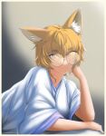  1girl animal_ears bangs bespectacled blonde_hair eyebrows_visible_through_hair fox_ears glasses gradient gradient_background highres japanese_clothes kimono light_smile looking_at_viewer no_hat no_headwear short_hair solo soretsu_nitohei touhou upper_body wide_sleeves yakumo_ran 