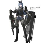  1girl alternate_costume armor binoculars blue_hair blue_shorts braid breastplate brown_legwear closed_mouth dp-12_(girls&#039;_frontline) exoskeleton full_body girls_frontline grey_eyes gun hairband highres holding holding_gun holding_weapon long_hair looking_at_viewer pandea_work pantyhose shield shirt short_shorts shorts shotgun_shell signature simple_background solo tactical_clothes weapon white_background white_shirt 