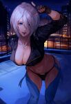  angel_(kof) blue_eyes bra breasts cropped_jacket finger_horns fingerless_gloves gloves hair_over_one_eye highres index_fingers_raised jacket large_breasts leather leather_jacket looking_at_viewer nasubin_(user_tjyp5584) navel open_mouth panties snk strapless strapless_bra the_king_of_fighters the_king_of_fighters_xiv the_king_of_fighters_xv toned underwear white_hair 