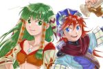  1boy 1girl closed_mouth collarbone feena_(grandia) fingerless_gloves gloves grandia grandia_i green_eyes green_hair hair_ornament hair_tubes hat highres jewelry justin_(grandia) long_hair looking_at_viewer midriff necklace open_mouth simple_background smile white_background 