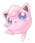  :d blue_eyes blush bright_pupils commentary_request full_body happi_xfyg happy jigglypuff looking_up no_humans open_mouth pokemon pokemon_(creature) signature simple_background smile solo white_background white_pupils 