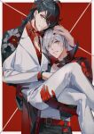  2boys black_hair eyeshadow fulgur_ovid grey_eyes grey_hair hair_behind_ear highres lantern_earrings looking_at_viewer makeup male_focus marking_on_cheek medium_hair multiple_boys neru_(jojo86080879) nijisanji nijisanji_en red_background red_eyeliner red_eyeshadow vox_akuma yellow_eyes 