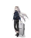  1girl azur_lane black_footwear boots denim enterprise_(azur_lane) eyewear_on_head from_behind grin hand_in_pocket hao_(patinnko) high_heel_boots high_heels highres holding holding_suitcase jacket jeans long_hair looking_at_viewer official_alternate_costume official_art pants silver_hair smile standing suitcase sunglasses transparent_background violet_eyes watch watch 
