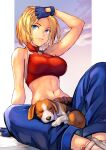  1girl animal arm_support arm_up bangs bare_shoulders belt blonde_hair blue_eyes blue_mary blue_pants bracelet breasts closed_mouth clouds commentary_request dog fatal_fury fingerless_gloves fingernails gloves gradient_sky hinoru_saikusa jewelry lips medium_breasts midriff navel necklace pants red_tank_top shiny shiny_hair short_hair simple_background sitting sky sleeping sleeveless smile stomach tank_top the_king_of_fighters turtleneck 