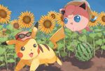  :d black-framed_eyewear blue_eyes clear_sky commentary_request day flower food fruit happi_xfyg happy hat hatted_pokemon holding jigglypuff leaf no_humans open_mouth outdoors pikachu pokemon pokemon_(creature) running signature sky smile sunflower sunglasses tongue watermelon 