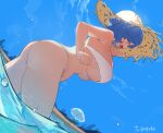  1girl absurdres ass beach beige_headwear bikini blue_eyes blue_hair blue_sky breasts clouds hat highres medium_hair mendou_kusai ocean open_mouth original outdoors parasol reflection sand silhouette sketch sky solo straw_hat swimsuit umbrella under_boob water water_drop white_bikini 