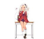  1girl archerfish_(azur_lane) archerfish_(the_devil_next_door)_(azur_lane) azur_lane bangs brown_footwear desk fake_tail finger_to_mouth hair_ornament hair_scrunchie highres kani_biimu long_hair looking_at_viewer manjuu_(azur_lane) official_alternate_costume official_art one_side_up open_mouth parted_bangs pleated_skirt school_uniform scrunchie silver_hair skirt socks star_(symbol) star_hair_ornament tail transparent_background violet_eyes white_legwear 