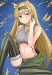  1girl animal_ear_fluff animal_ears arknights bangs bare_arms bare_shoulders blonde_hair blue_background blush breasts choker commentary_request crop_top eyebrows_visible_through_hair feet_out_of_frame green_choker green_eyes grey_hairband hairband hand_up highres horn_(arknights) knee_up large_breasts long_hair looking_at_viewer magaasha midriff navel sitting solo sports_bra stomach striped striped_legwear thigh-highs vertical-striped_legwear vertical_stripes very_long_hair wolf_ears 