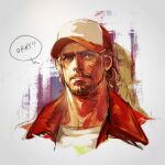  1boy baseball_cap beard blonde_hair blue_eyes curly_hair facial_hair fatal_fury hat hiroaki_(kof) jacket long_hair looking_at_viewer male_focus mature_male mustache open_mouth portrait promotional_art red_jacket shirt simple_background solo speech_bubble terry_bogard the_king_of_fighters white_shirt 