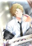  1boy absurdres acket applying_makeup blonde_hair blush brush closed_eyes clothes_rack cosmetics ensemble_stars! hair_ornament hairclip highres kindo looking_at_viewer male_focus mirror morisawa_chiaki multicolored_hair necktie open_mouth ryuuseitai_(ensemble_stars!) shirt short_hair streaked_hair 