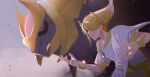  1boy bangs blonde_hair blurry bracelet chromatic_aberration commentary from_side giratina grin hair_over_one_eye jewelry long_hair male_focus mei_(manjunii) necklace pokemon pokemon_(creature) pokemon_(game) pokemon_legends:_arceus shirt short_sleeves smile swept_bangs volo_(pokemon) white_shirt 