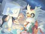  bird black_eyes bright_pupils candle christmas clouds commentary_request crying delibird eiscue eiscue_(ice) fire flame footprints gift happi_xfyg holding holding_gift melting night no_humans open_mouth outdoors pokemon pokemon_(creature) ribbon shooting_star sitting sky snow tears tongue 