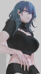  1girl black_shirt black_shorts blue_eyes blue_hair breasts byleth_(fire_emblem) byleth_eisner_(female) cleavage_cutout closed_mouth clothing_cutout crop_top fire_emblem fire_emblem:_three_houses from_below hair_behind_ear hair_between_eyes highres l0gman large_breasts medium_hair midriff navel shirt short_shorts shorts toned 