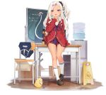  1girl archerfish_(azur_lane) archerfish_(the_devil_next_door)_(azur_lane) azur_lane bangs brown_footwear chalkboard desk fake_tail finger_to_mouth hair_ornament hair_scrunchie highres kani_biimu long_hair looking_at_viewer manjuu_(azur_lane) official_alternate_costume official_art one_side_up open_mouth parted_bangs pleated_skirt school_swimsuit school_uniform scrunchie silver_hair skirt socks star_(symbol) star_hair_ornament swimsuit tail transparent_background violet_eyes white_legwear 