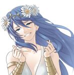  1girl alternate_costume blue_eyes blue_hair breasts dress fire_emblem fire_emblem_awakening fire_emblem_heroes flower gesture grin hair_between_eyes hair_flower hair_ornament head_wreath heart highres long_hair looking_at_viewer lucina_(fire_emblem) medium_breasts official_alternate_costume pomelomelon smile solo symbol-shaped_pupils upper_body white_background 