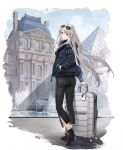  1girl azur_lane black_footwear boots denim enterprise_(azur_lane) eyewear_on_head from_behind grin hand_in_pocket hao_(patinnko) high_heel_boots high_heels highres holding holding_suitcase jacket jeans long_hair looking_at_viewer louvre_pyramid official_alternate_costume official_art outdoors pants silver_hair smile standing suitcase sunglasses transparent_background violet_eyes watch watch 