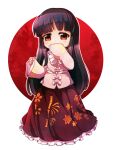 1girl artist_name bamboo_print bangs black_hair chibi dungeon_toaster floral_print highres hime_cut houraisan_kaguya imperishable_night japanese_clothes kimono leaf_print long_hair long_skirt long_sleeves looking_at_viewer red_eyes ribbon skirt smile touhou white_background wide_sleeves