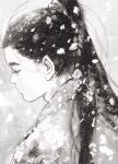  1boy commentary copyright_request eyelashes from_side greyscale hair_pulled_back high_ponytail long_hair male_focus monochrome motion_blur ponytail portrait profile snow_on_body snowing solo tataka510 wind 