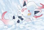  animal_focus bright_pupils closed_mouth commentary_request happi_xfyg hisuian_zorua lying no_humans on_back one_eye_closed pokemon pokemon_(creature) smile snow solo white_fur white_pupils yellow_eyes 