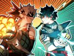  2boys anger_vein bakugou_katsuki belt blonde_hair bodysuit boku_no_hero_academia cut_(nifuhami_35) explosion explosive fire freckles gloves green_bodysuit green_eyes green_gloves green_hair grenade looking_at_another male_focus mask midoriya_izuku multiple_boys outline profile red_belt spiky_hair teeth white_gloves white_outline 