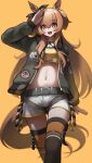  1girl :d animal_ears arm_up bangs belt black_belt black_jacket blush brown_eyes brown_hair commentary cowboy_shot crop_top eyebrows_visible_through_hair grey_shorts hair_between_eyes highres horse_ears horse_tail jacket long_hair long_sleeves looking_at_viewer mayano_top_gun_(umamusume) midriff navel nsb36046_(na) open_clothes open_jacket open_mouth salute shirt short_shorts shorts simple_background smile solo standing stomach tail thigh-highs two_side_up umamusume very_long_hair yellow_background yellow_shirt 