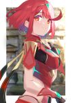  1girl bangs black_gloves breasts chest_jewel earrings fingerless_gloves gloves highres jewelry kyaro_(wanu_14) large_breasts pyra_(xenoblade) red_eyes red_shorts redhead short_hair shorts solo swept_bangs tiara xenoblade_chronicles_(series) xenoblade_chronicles_2 