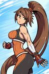  1girl akairiot ass athletic backless_outfit bandages bangs breasts brown_hair dnf_duel dungeon_and_fighter fighter_(dungeon_and_fighter) gloves high_ponytail highres large_breasts long_hair muscular muscular_female open_mouth parted_lips solo spiky_hair striker_(dungeon_and_fighter) thighs toned very_long_hair yellow_eyes 