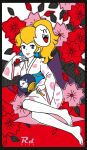  1girl bangs barefoot black_border blonde_hair blue_eyes border closed_mouth commentary_request earrings flower full_body hanafuda hand_fan highres japanese_clothes jewelry kimono long_hair looking_at_viewer ponytail princess_peach r3dfive smile solo super_mario_bros. 