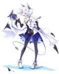  1girl 327564857 \||/ absurdres bare_shoulders black_legwear blue_eyes breasts commentary_request demon_girl demon_tail detached_sleeves fang fantasy gold_trim hand_on_hip hand_up highres legs legs_apart mecha_musume mechanical_ears mechanical_wings open_mouth original shoes short_hair simple_background skin_fang small_breasts sneakers solo standing tail white_background white_hair wings 