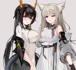 2girls :o absurdres animal_ears arknights arknights:_endfield bangs bare_shoulders belt belt_pouch black_hair blue_eyes blunt_bangs blush breasts chinese_commentary commentary_request covered_nipples cowboy_shot dragon_girl dragon_horns dragon_tail dress endfield_dragon_girl_(arknights) eyebrows_visible_through_hair grey_background grey_jacket hand_on_another&#039;s_chin highres horns impossible_clothes impossible_dress jacket large_breasts long_hair looking_at_viewer mikuning multiple_girls off_shoulder one_eye_closed open_clothes open_jacket perlica_(arknights) pouch revision silver_hair simple_background tail tail_through_clothes twintails very_long_hair violet_eyes white_dress