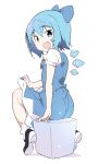  1girl :d back blue_dress blue_eyes blue_hair cirno dress highres ice ice_wings kt_kkz looking_at_viewer short_hair simple_background sitting smile solo touhou wings 