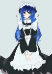  1girl alternate_costume apron arknights black_dress black_wings blue_eyes blue_hair cowboy_shot dark_halo demon_horns detached_wings dress energy_wings enmaided grey_background highres horns long_hair looking_at_viewer maid maid_headdress mostima_(arknights) own_hands_together simple_background smile solo white_apron wings yingyingyingtazhide 