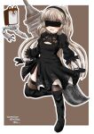  1girl back_cutout black_blindfold black_dress black_footwear black_hairband black_legwear blindfold bokukawauso boots cleavage_cutout clothing_cutout cosplay covered_eyes dress feather-trimmed_sleeves grey_hair hairband high_heel_boots high_heels highres juliet_sleeves kantai_collection long_hair long_sleeves mikura_(kancolle) nier_(series) nier_automata puffy_sleeves senon solo thigh-highs thigh_boots thighhighs_under_boots yorha_no._2_type_b yorha_no._2_type_b_(cosplay) 